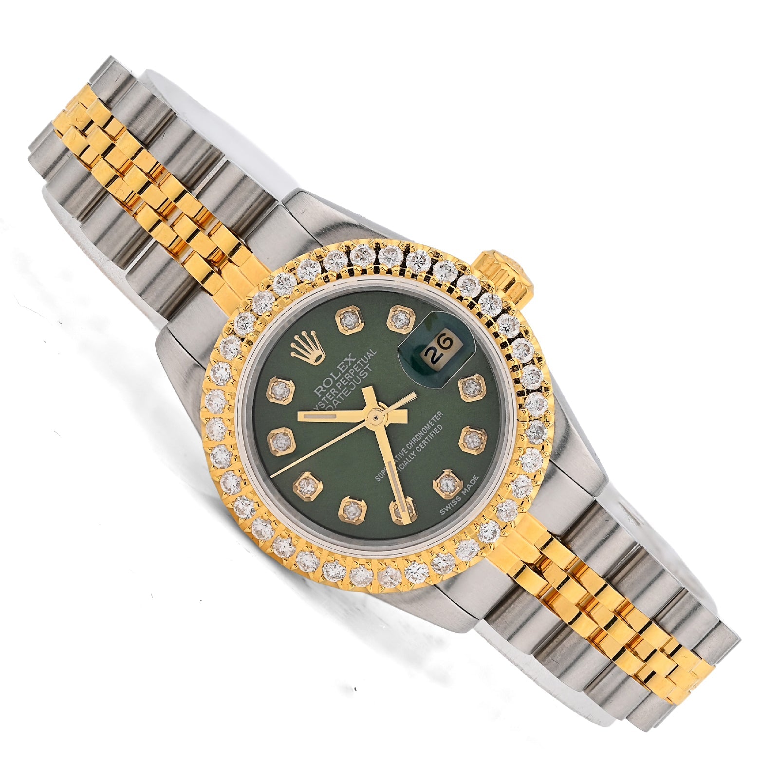Rolex Datejust 26MM 1.5CT Green Face Natural Diamond Dial/Bezel Two Tone Jubilee Women Watch - Elite Jewelers - Luxury Watch