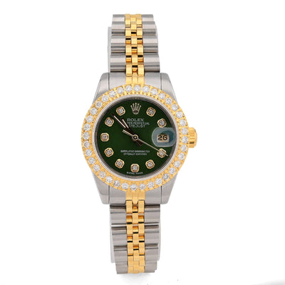 Rolex Datejust 26MM 1.5CT Green Face Natural Diamond Dial/Bezel Two Tone Jubilee Women Watch - Elite Jewelers - Luxury Watch