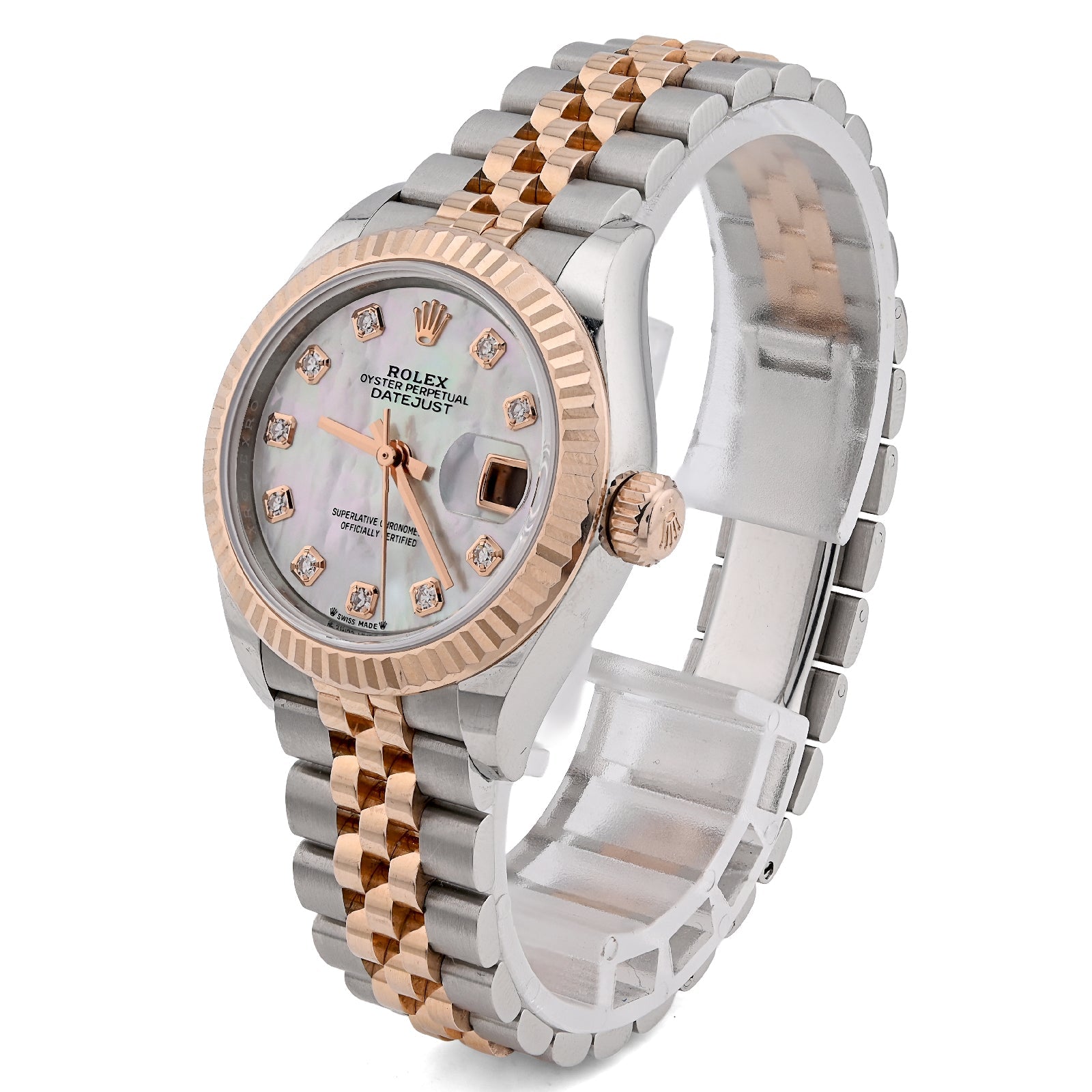 Rolex Datejust 28MM Everose Gold Two tone MOP Face Diamond Dial Fluted Bezel FULL SET Watch - Elite Jewelers - Luxury Watch