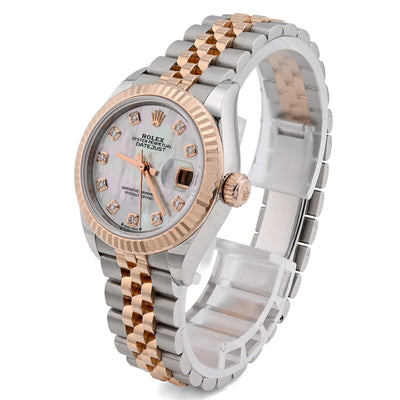 Rolex Datejust 28MM Everose Gold Two tone MOP Face Diamond Dial Fluted Bezel FULL SET Watch - Elite Jewelers - Luxury Watch