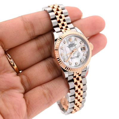 Rolex Datejust 28MM Everose Gold Two tone MOP Face Diamond Dial Fluted Bezel FULL SET Watch - Elite Jewelers - Luxury Watch