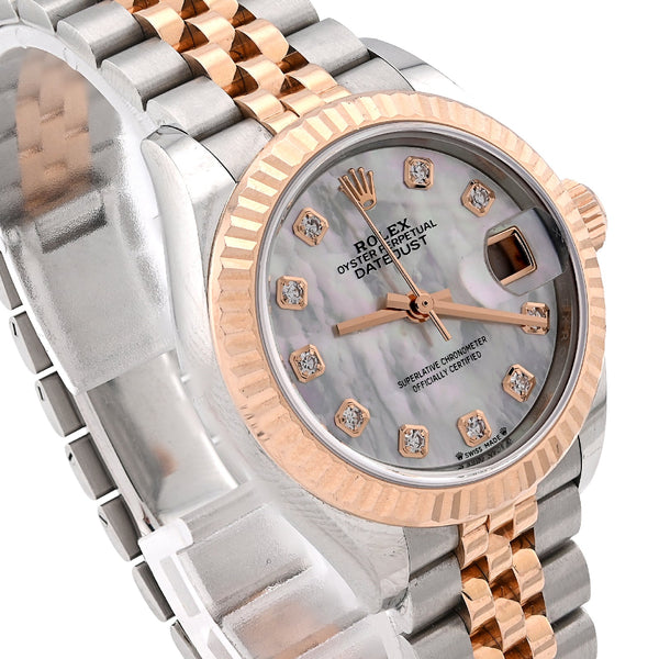 Rolex Datejust 28MM Everose Gold Two tone MOP Face Diamond Dial Fluted Bezel FULL SET Watch - Elite Jewelers - Luxury Watch