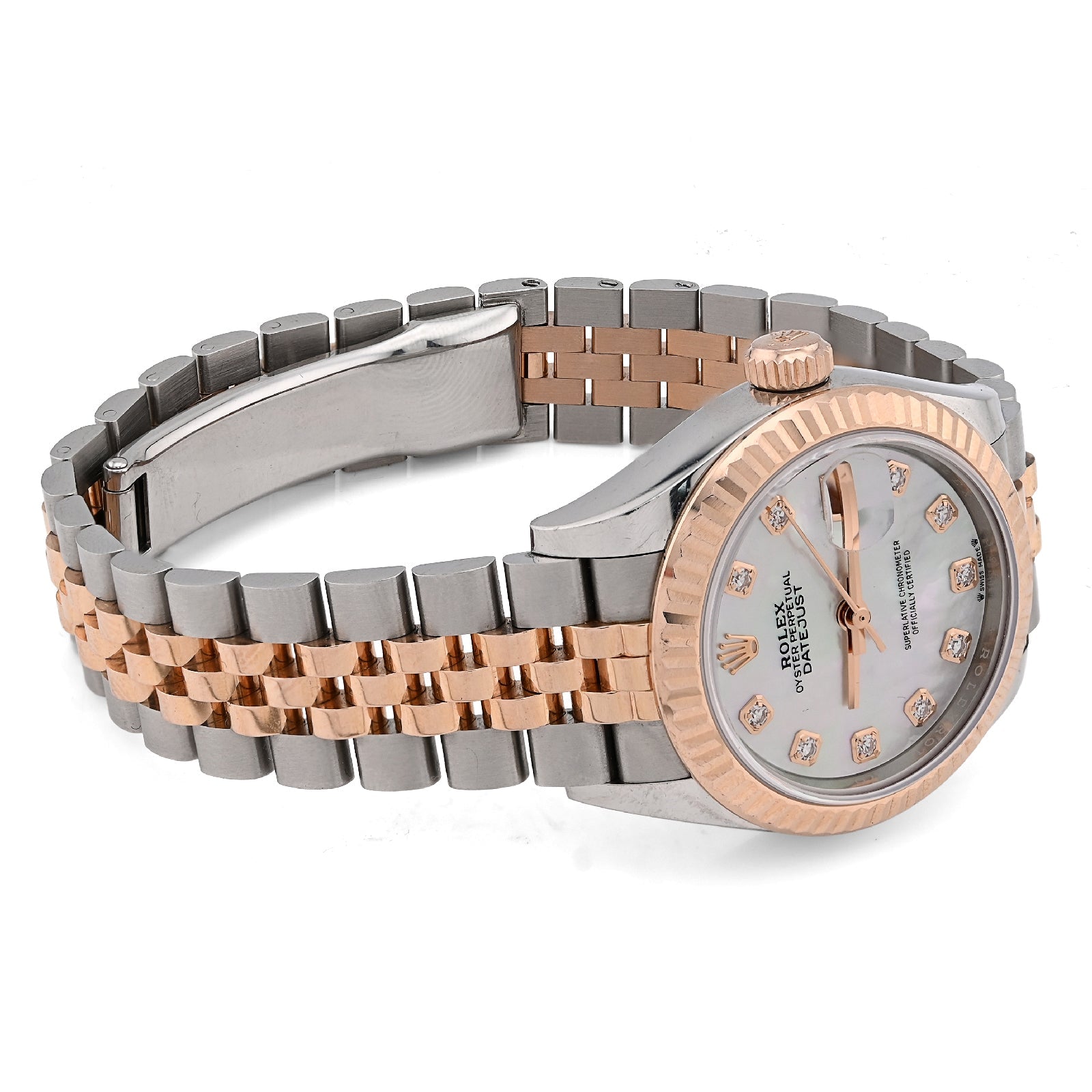 Rolex Datejust 28MM Everose Gold Two tone MOP Face Diamond Dial Fluted Bezel FULL SET Watch - Elite Jewelers - Luxury Watch