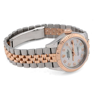 Rolex Datejust 28MM Everose Gold Two tone MOP Face Diamond Dial Fluted Bezel FULL SET Watch - Elite Jewelers - Luxury Watch
