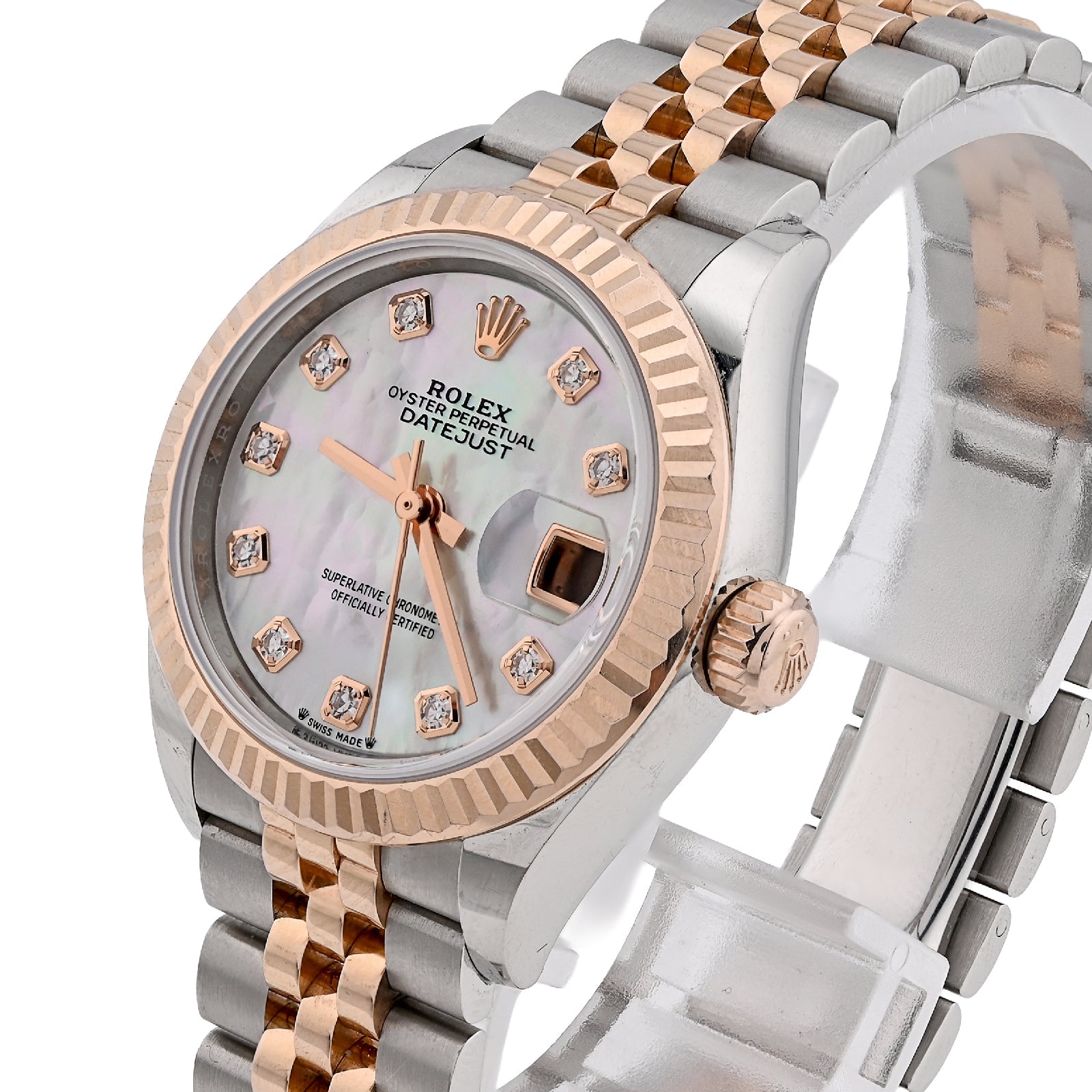 Rolex Datejust 28MM Everose Gold Two tone MOP Face Diamond Dial Fluted Bezel FULL SET Watch - Elite Jewelers - Luxury Watch