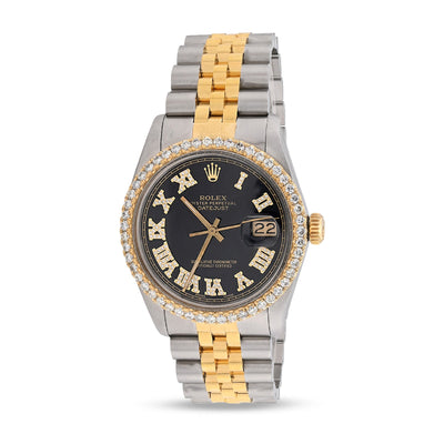 Rolex Datejust 36MM 2CT Natural Diamond Bezel/Black Face Roman Dial Watch - Elite Jewelers - Luxury Watch