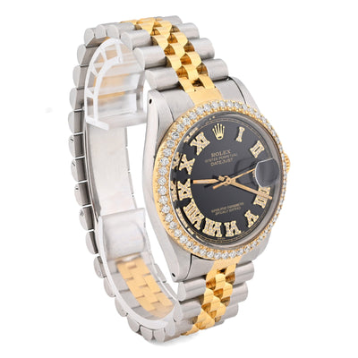 Rolex Datejust 36MM 2CT Natural Diamond Bezel/Black Face Roman Dial Watch - Elite Jewelers - Luxury Watch