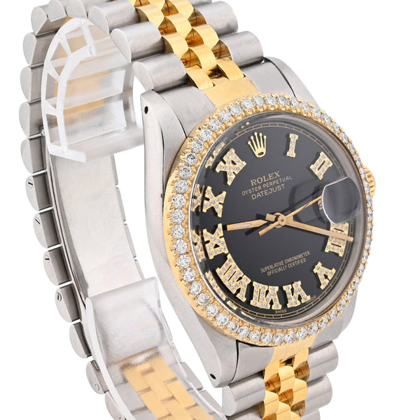 Rolex Datejust 36MM 2CT Natural Diamond Bezel/Black Face Roman Dial Watch - Elite Jewelers - Luxury Watch