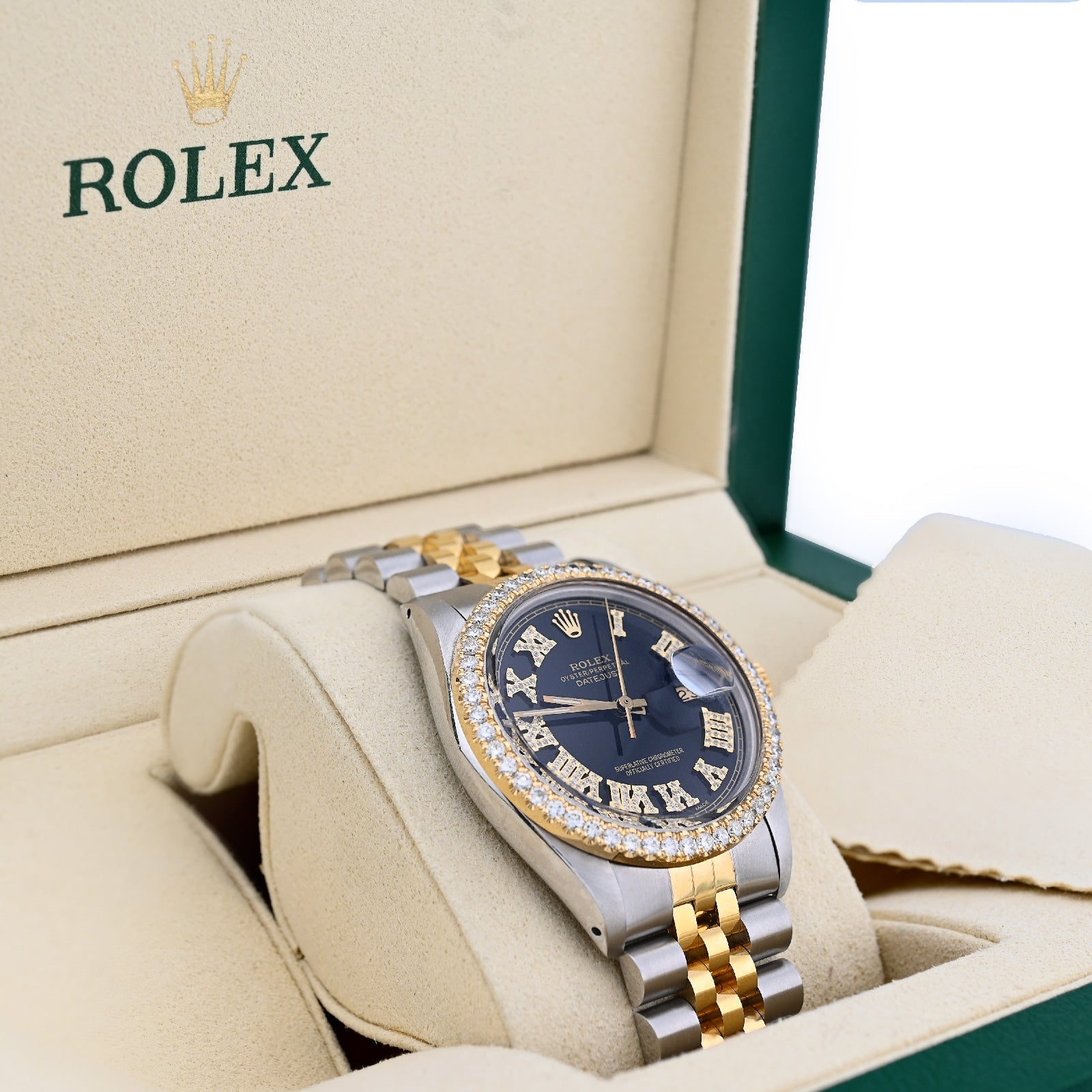 Rolex Datejust 36MM 2CT Natural Diamond Bezel/Black Face Roman Dial Watch - Elite Jewelers - Luxury Watch