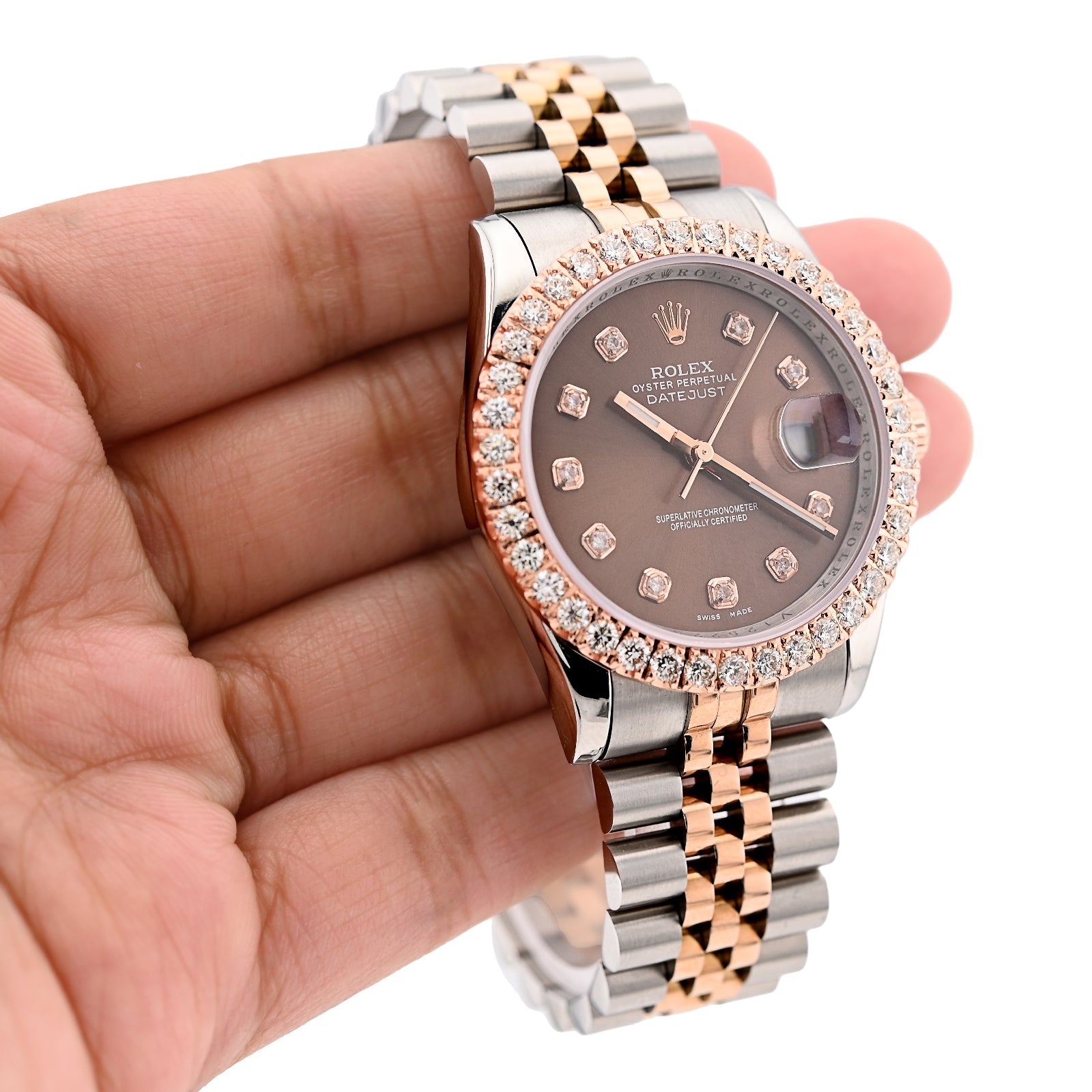 Rolex Datejust 36MM Rose Gold & SS Two Tone Hidden Clasp Chocolate Diamond Dial/Bezel 3.28CT Watch - Elite Jewelers - Luxury Watch