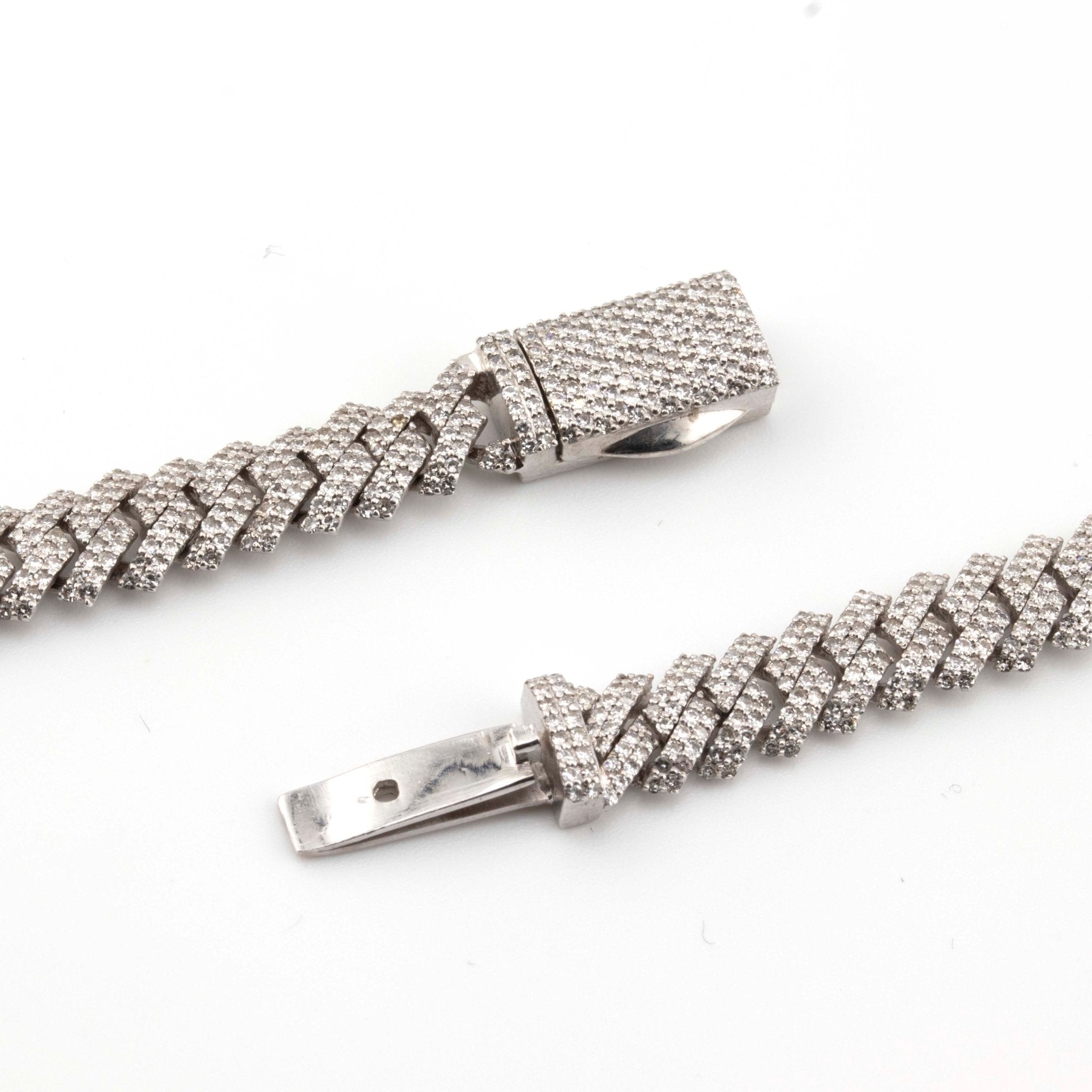 Silver with Diamond 2 Row Prong Set 12CT Diamond Cuban Necklace 24" - Elite Jewelers - Necklaces & Chains