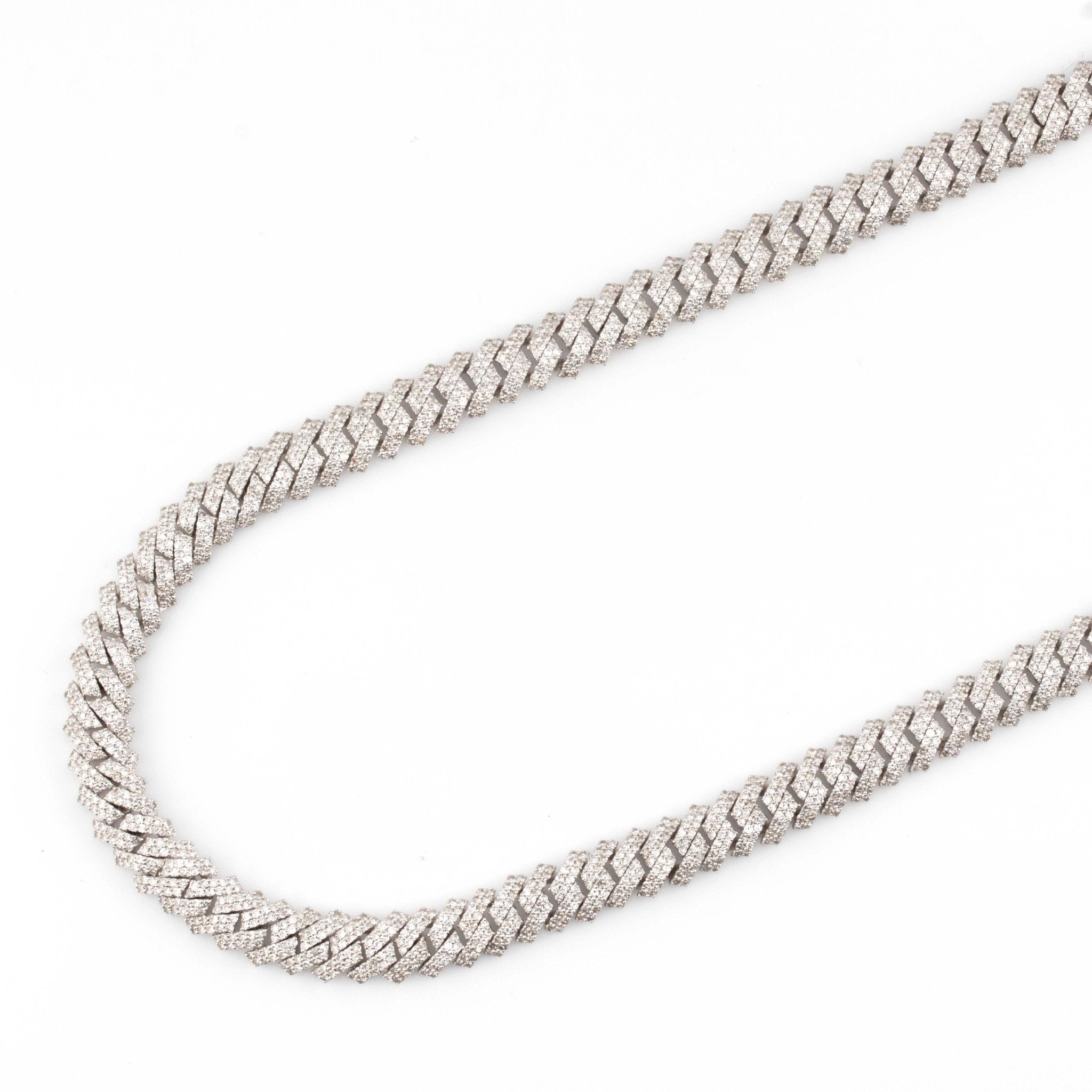 Silver with Diamond 2 Row Prong Set 12CT Diamond Cuban Necklace 24" - Elite Jewelers - Necklaces & Chains