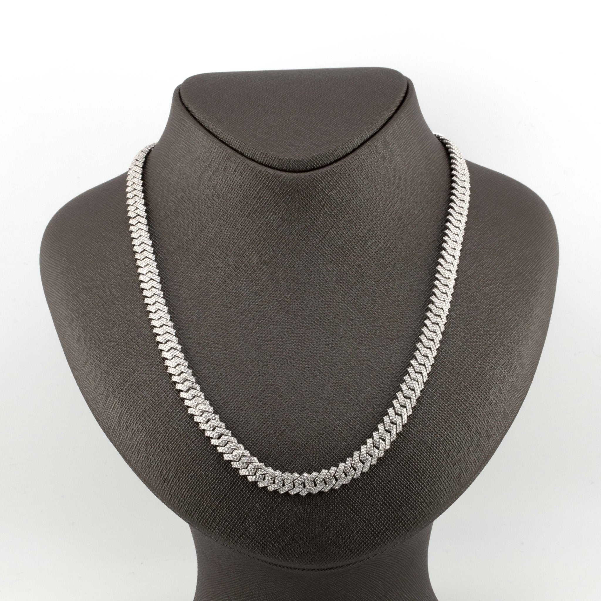 Silver with Diamond 2 Row Prong Set 12CT Diamond Cuban Necklace 24" - Elite Jewelers - Necklaces & Chains
