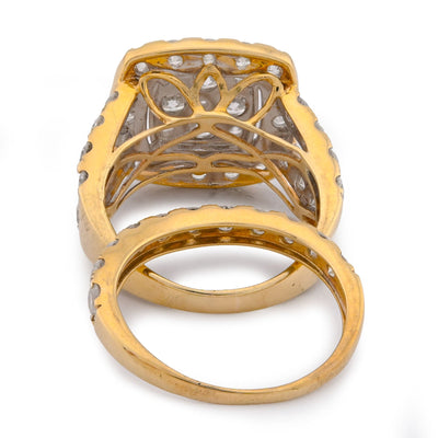 Square Shape Flower Cluster Halo 2 Row Natural Diamond 3.84CT Women Ring with Band 14K Yellow Gold - Elite Jewelers-Rings