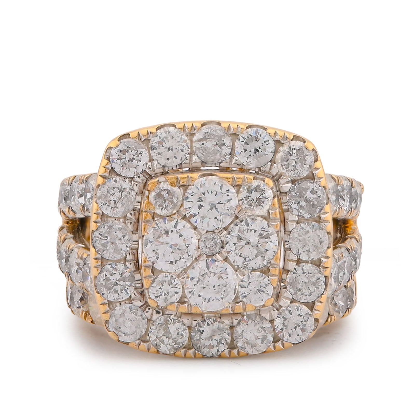 Square Shape Flower Cluster Halo 2 Row Natural Diamond 3.84CT Women Ring with Band 14K Yellow Gold - Elite Jewelers-Rings