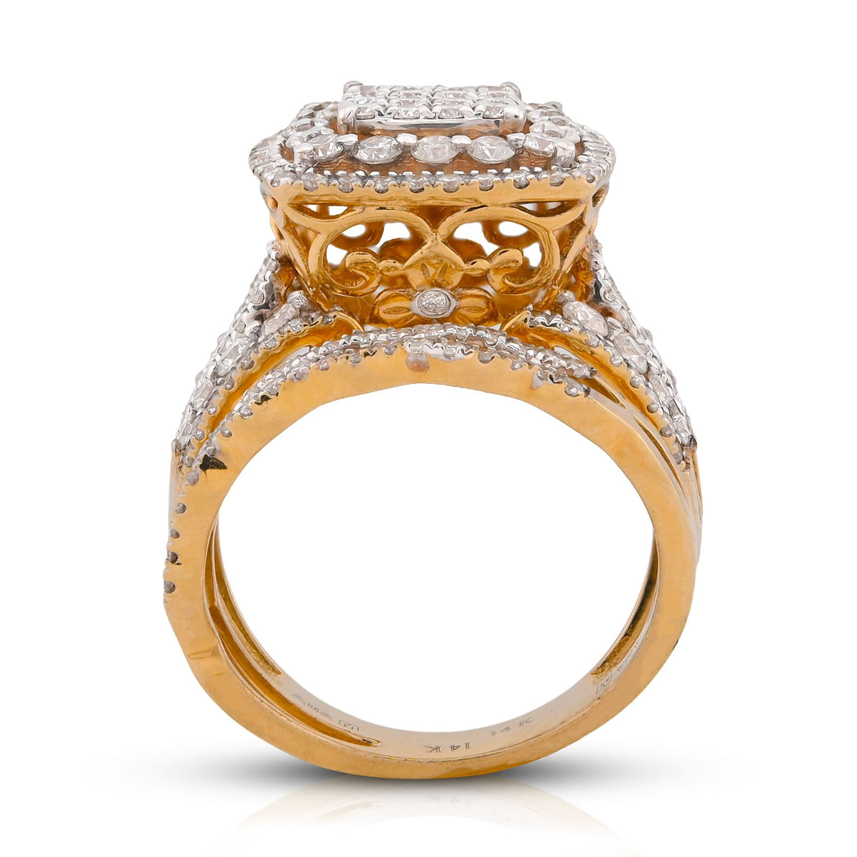 Square Shape Halo Multi Row Women 1.5CT Natural Diamond Ring with Band 10K Yellow Gold - Elite Jewelers-Rings