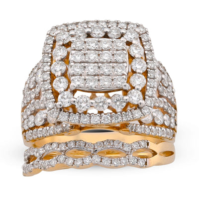 Square Shape Halo Multi Row Women 1.5CT Natural Diamond Ring with Band 10K Yellow Gold - Elite Jewelers-Rings