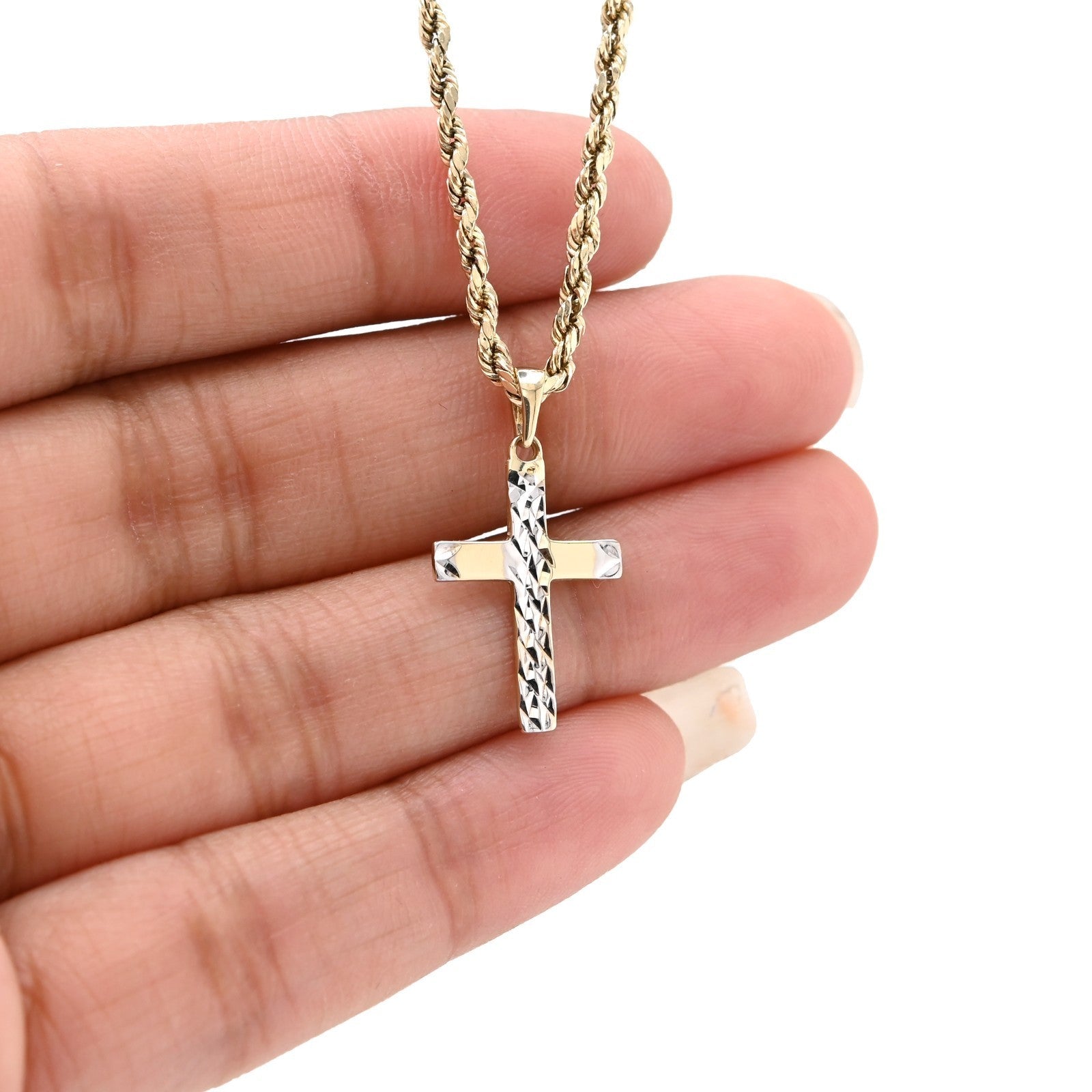 Unisex 10k Yellow & White Gold Diamond Cut Cross Charm Religious 0.7gms Pendant - Elite Jewelers - Charms & Pendants